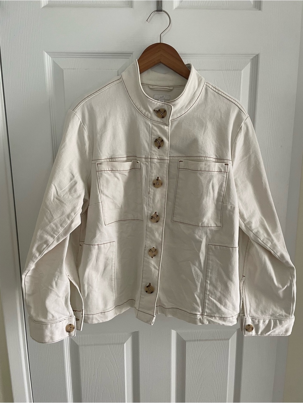 J.Jill Cream Cotton Utility Jacket Contrast Stitching Boxy Fit - Size XL